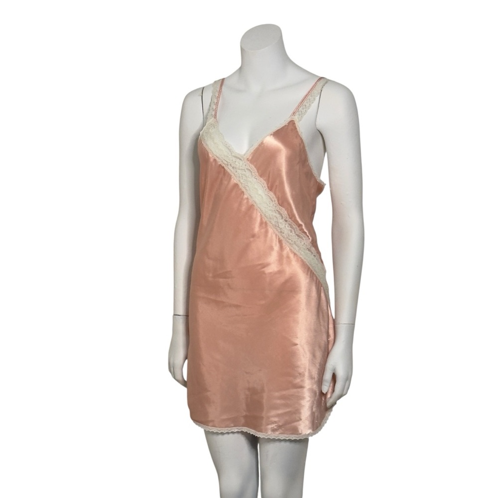 Vintage 80s Silky Peach Slip Dress with Lace Trim
